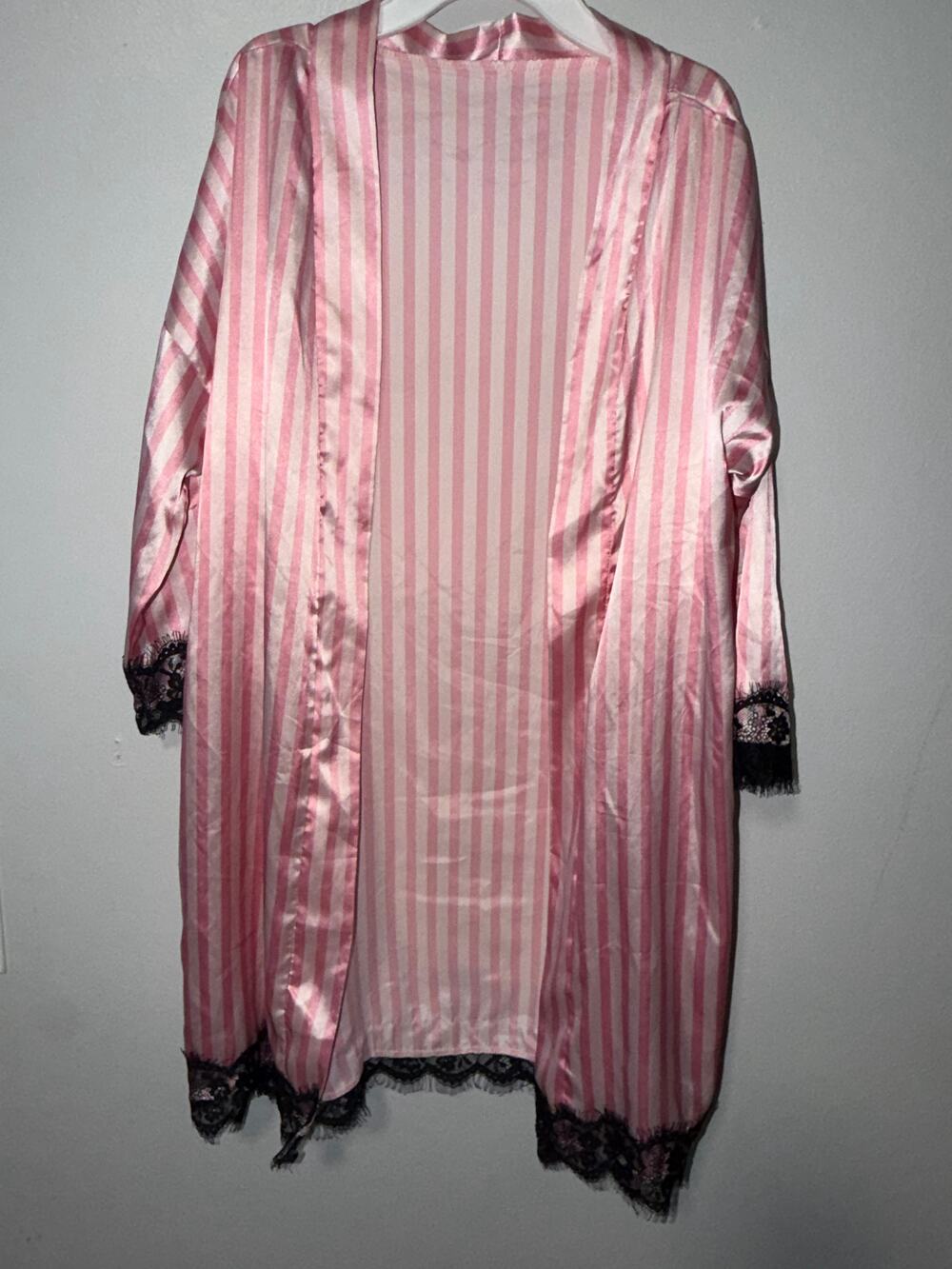 Pink and White Striped Satin Robe Open Front Black Lace Trim